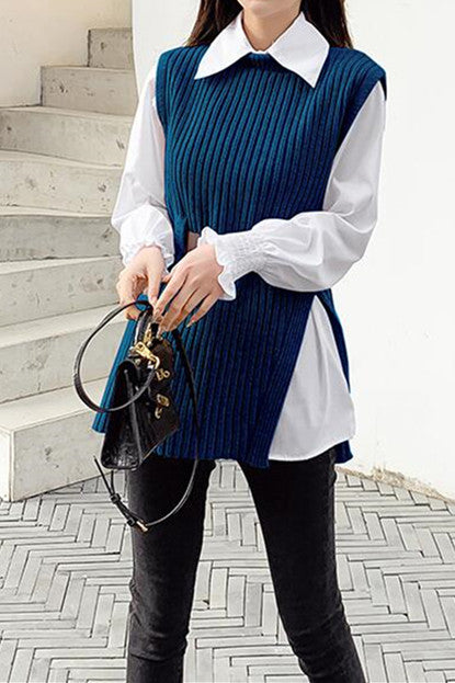 Damen-Set, zweiteilig, mit Lanternärmeln und gestrickter Weste, Polyester, Acryl-3