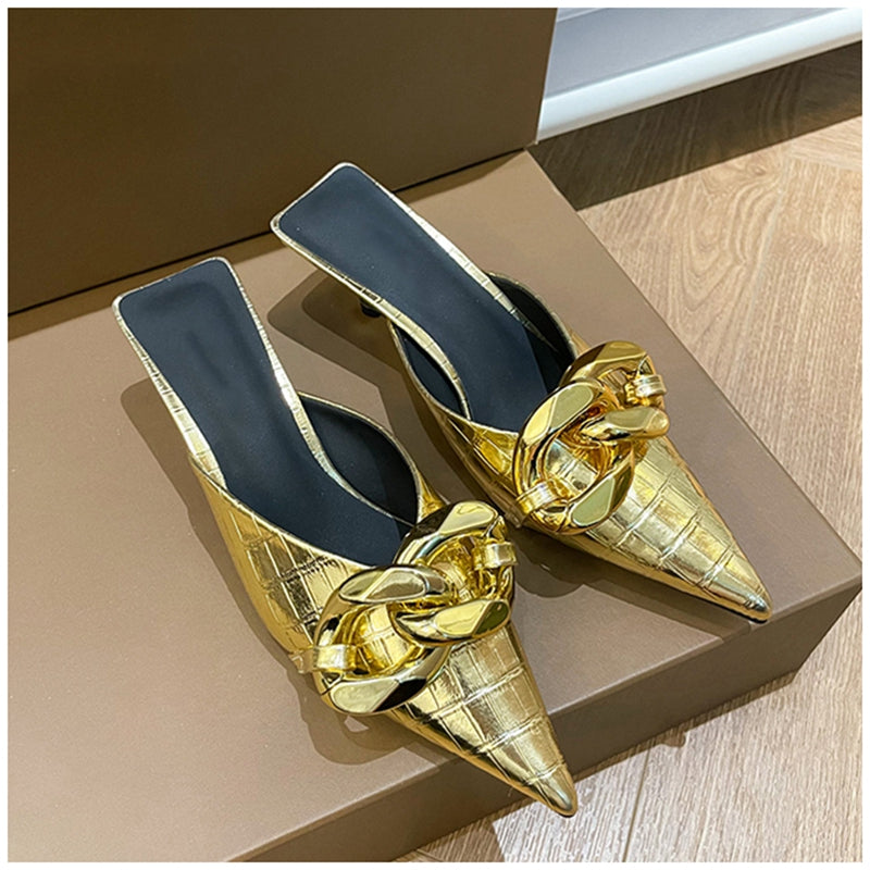 Damen-Sandalen, spitze Zehe, PU-Leder mit Kettendetail-2