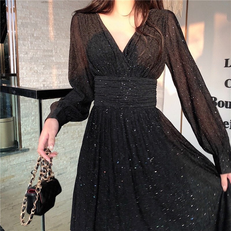 Damenkleid A-Linie V-Ausschnitt Laternenärmel Polyester Midi-5