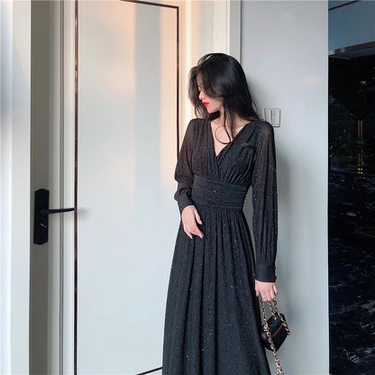 Damenkleid A-Linie V-Ausschnitt Laternenärmel Polyester Midi-1