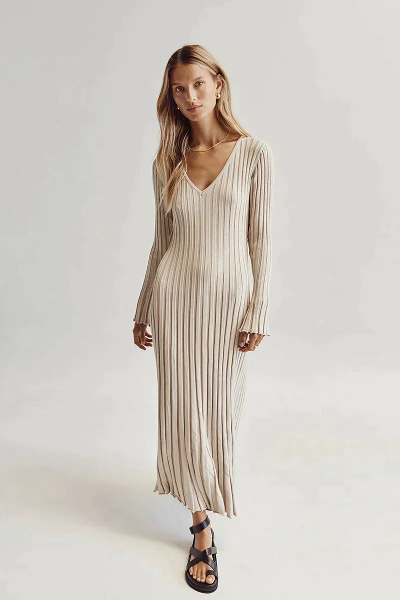 Damen-Midikleid, V-Ausschnitt, gerippt, Polyester, Elasthan-1