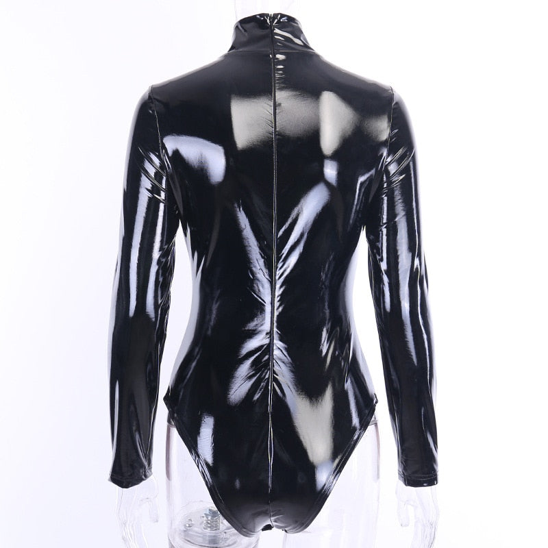 Damen-Bodysuit Langarm PU-Leder mit Rollkragen-2