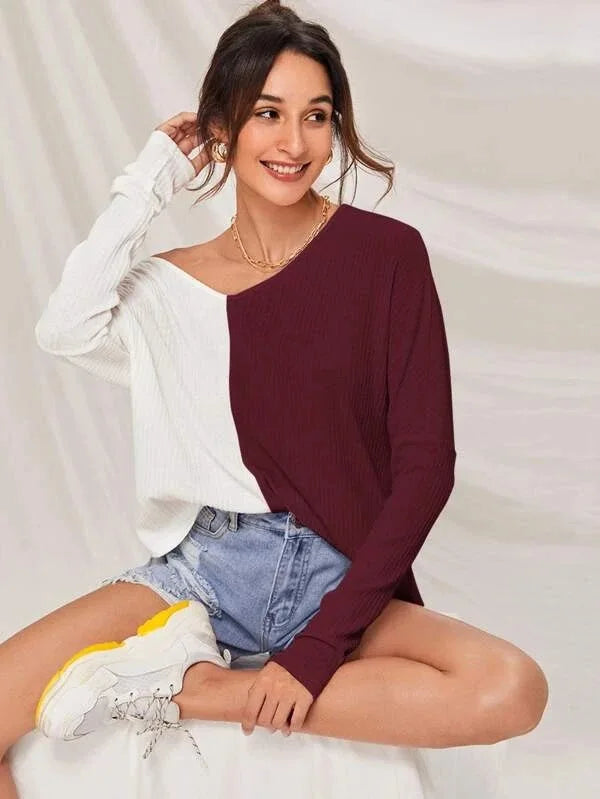 Damen-Pullover, V-Ausschnitt, Kontrastfarbe, geripptes Material, hochwertiger Stoff-2