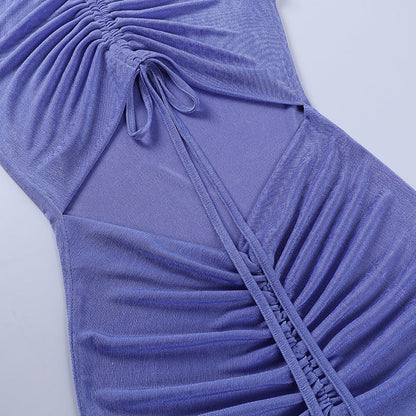 Damen-Minikleid, V-Ausschnitt, Spaghettiträger, Riemen, Polyester, Über, dem Knie-4