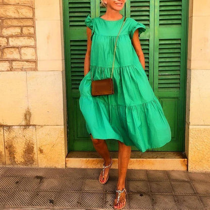 Damen-Midikleid mit ausgestelltem Rock und kurzen Ärmeln aus Polyester – eleganter und zeitloser Stil für alle Anlässe 3
