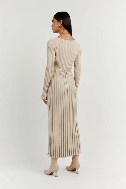 Damen-Midikleid, V-Ausschnitt, gerippt, Polyester, Elasthan-3