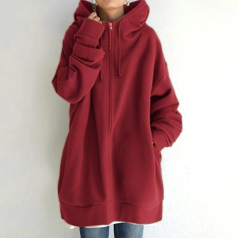 Langer Hoodie Damen Oversize Weicher Fleece Winterpullover-3