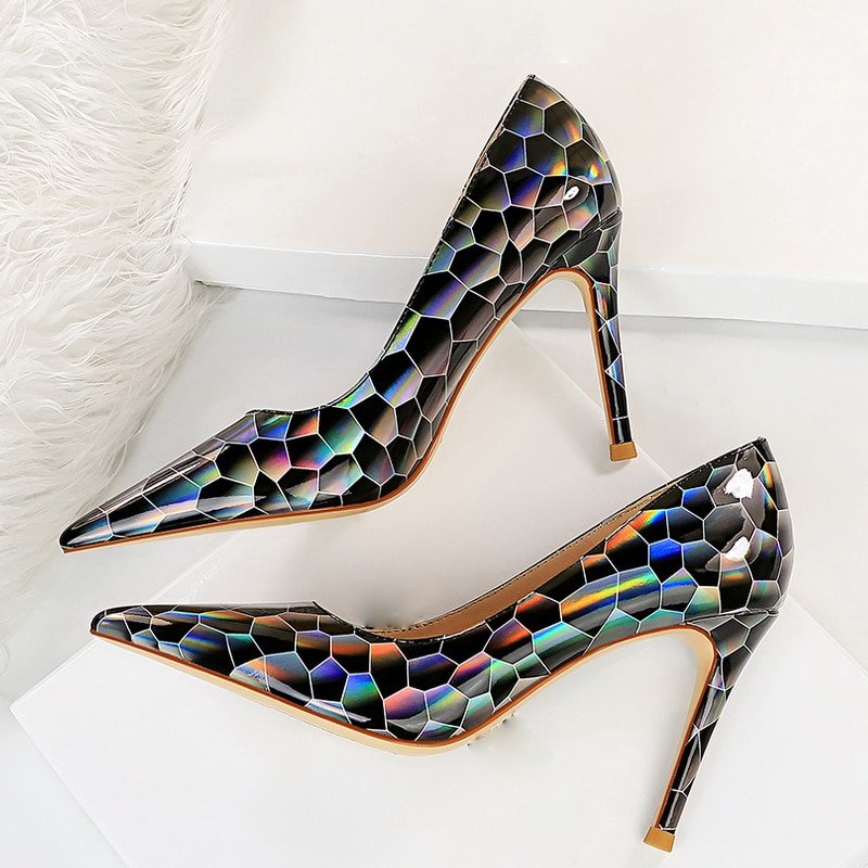 Damen-Pumps, geometrisches Design, Lackleder, hoher Absatz-3