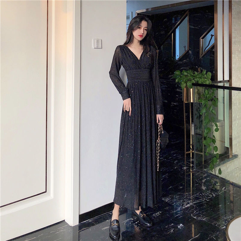 Damenkleid A-Linie V-Ausschnitt Laternenärmel Polyester Midi-4
