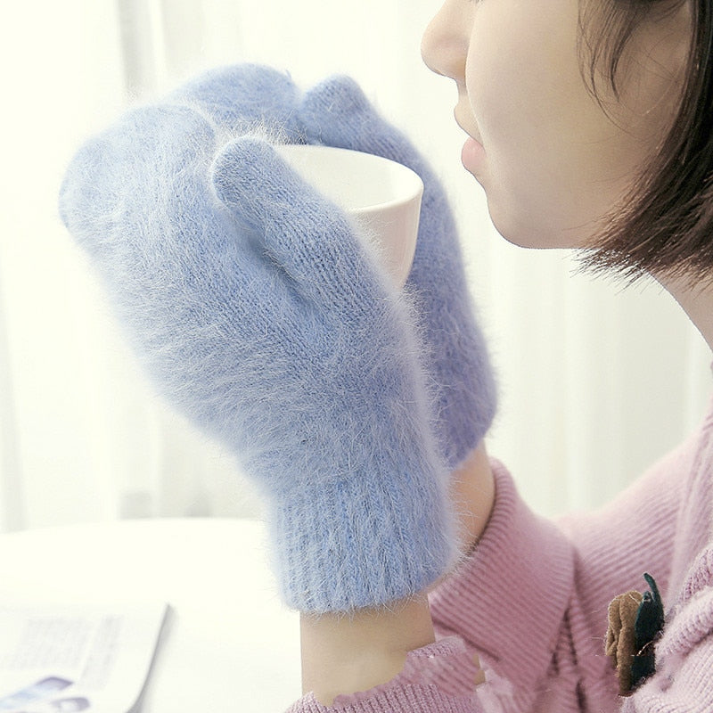 Damen-Fingerlose, Handschuhe, Wolle, mit Pelzstreifen-6