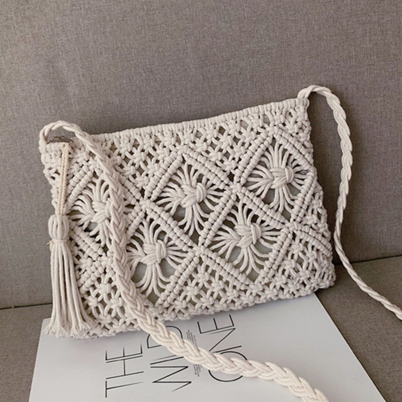 Damen Schultertasche Geflochtener Boho Design Langlebiger Stoff-1