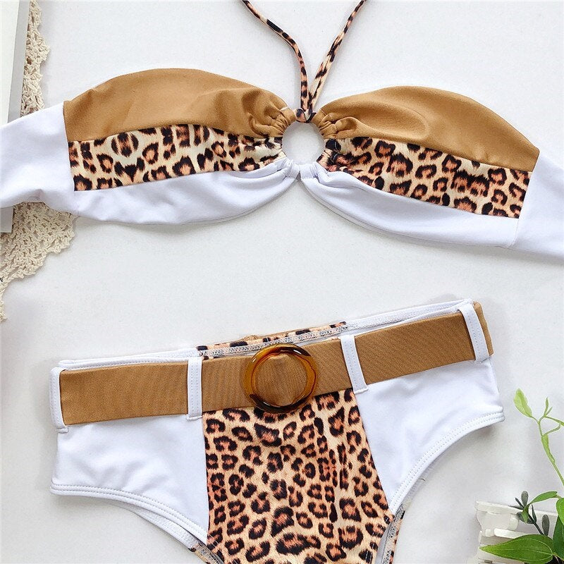 Damen Bikini-Set Leopardenmuster Bandeau Halter Polyester Lycra-6