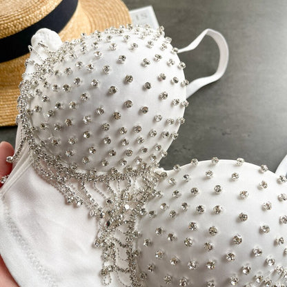 Damen-Party-Top, Spaghettiträger, Polyester, mit Strass und Quasten-3