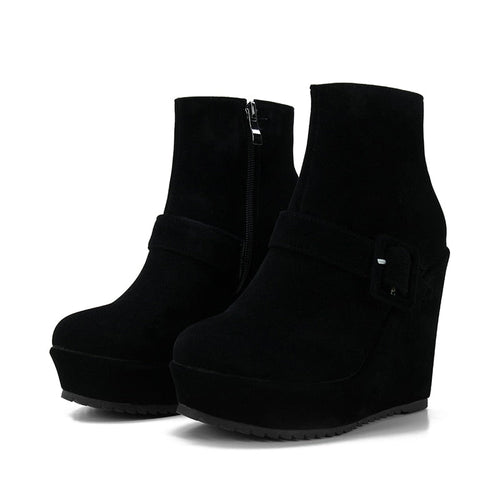 Damen-Knöchelstiefel aus Flockmaterial mit Keilabsatz – runde Spitze, monochromes Design, bequeme Passform 1