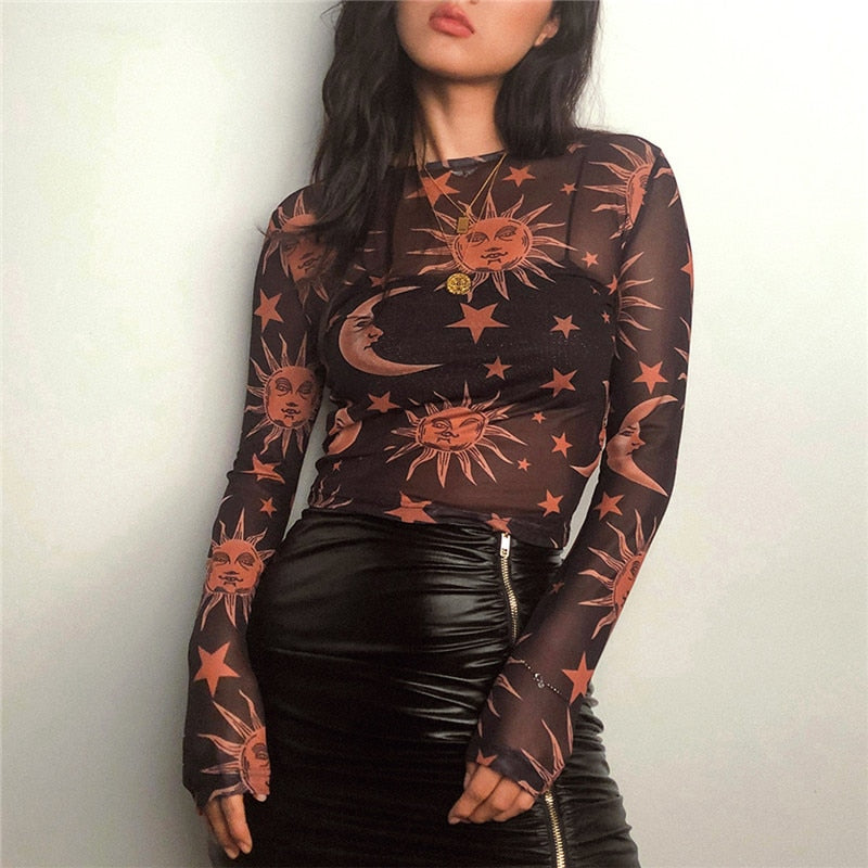 Damen-Sweatshirt mit transparentem Netz und einzigartigem Print, 100 % Baumwolle-2