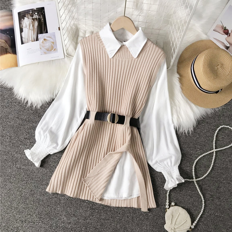 Damen-Set, zweiteilig, mit Lanternärmeln und gestrickter Weste, Polyester, Acryl-6