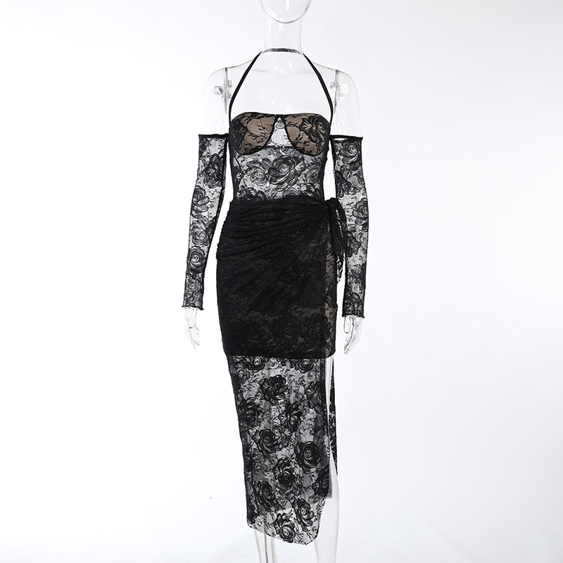 Damen-Minikleid, Off-Shoulder, Spandex, Polyester mit Rosenmuster 1