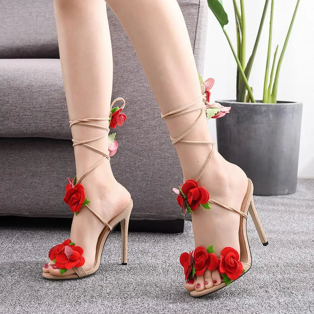 Damen-Sandalen, geblümtes Design, Flock, hoher Absatz-2