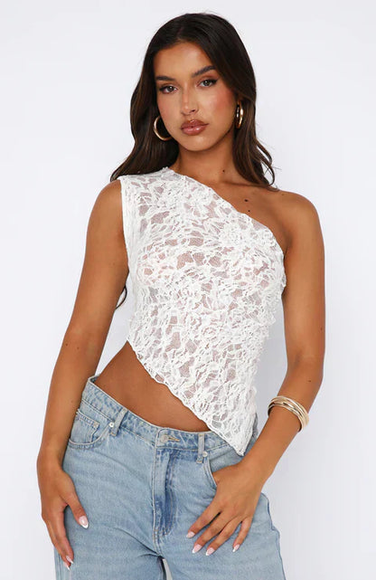 Damen-Asymmetrisches Spitzen-Top mit einer Schulter, Nylon, Elasthan, Party-Tops 9