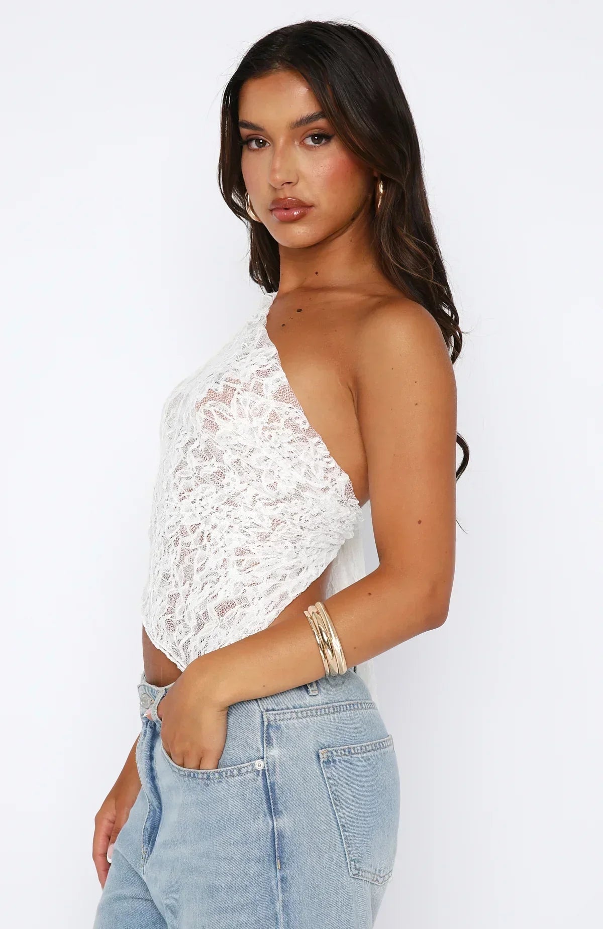 Damen-Asymmetrisches Spitzen-Top mit einer Schulter, Nylon, Elasthan, Party-Tops 6