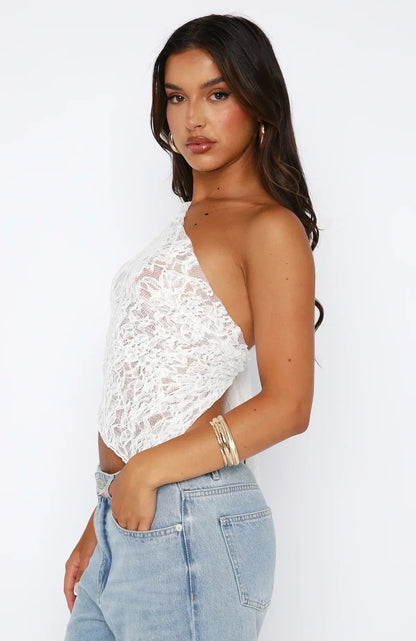 Damen-Asymmetrisches Spitzen-Top mit einer Schulter, Nylon, Elasthan, Party-Tops 6