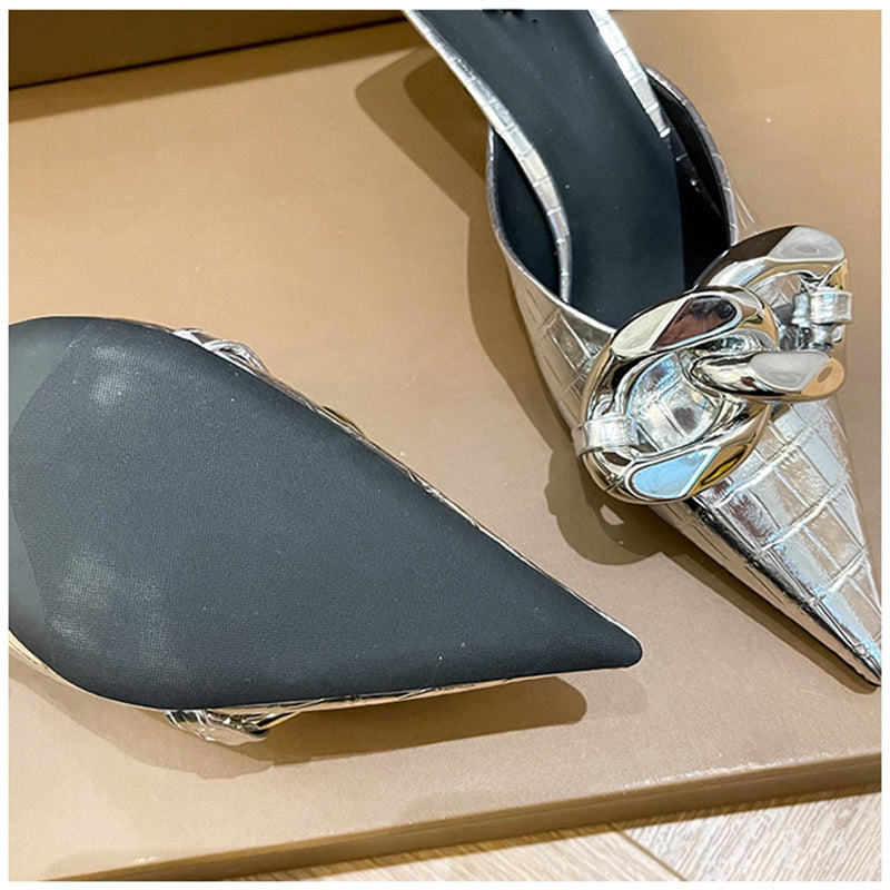 Damen-Sandalen, spitze Zehe, PU-Leder mit Kettendetail-4