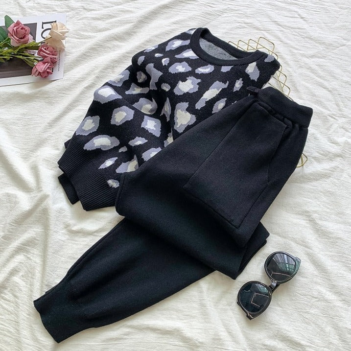 Damen-Hose, mit elastischem Bund, Leopardenprint, langes Set, Acryl-1