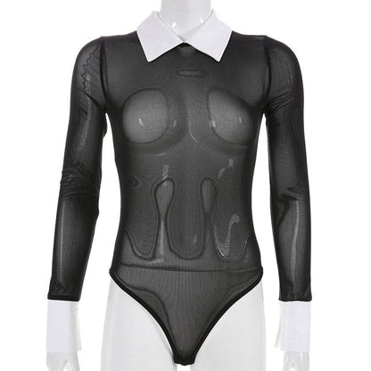 Damen-Bodysuit Langarm monochromes Polyester 6