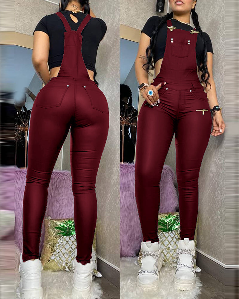 Damen-Overall, einfarbig, PU-Leder mit Taschen-4