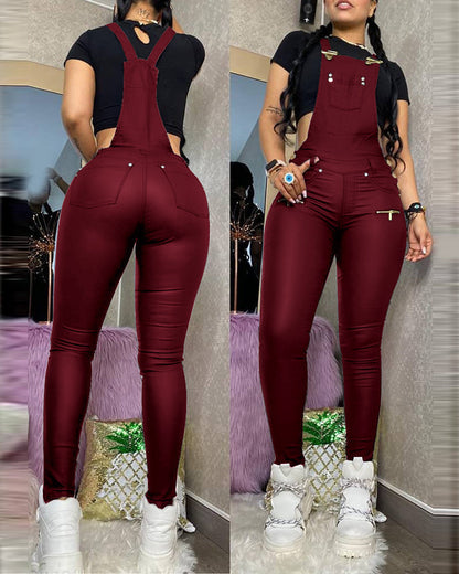 Damen-Overall, einfarbig, PU-Leder mit Taschen-4
