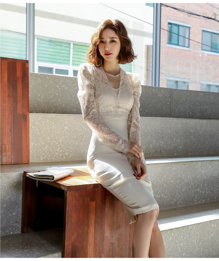Damen-Midi-Kleid, monochromes Mesh, lange Ärmel, elegantes Design-3