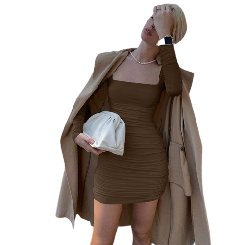 Damen-Kleid, lange Ärmel, geraffte Details, Polyester 4