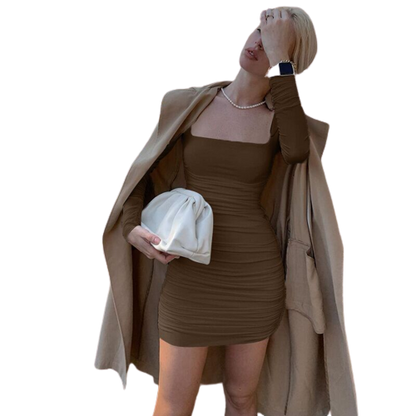 Damen-Kleid, lange Ärmel, geraffte Details, Polyester 4