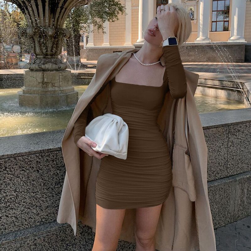 Damen-Kleid, lange Ärmel, geraffte Details, Polyester 9