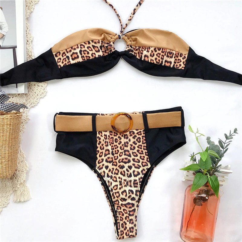 Damen Bikini-Set Leopardenmuster Bandeau Halter Polyester Lycra-1