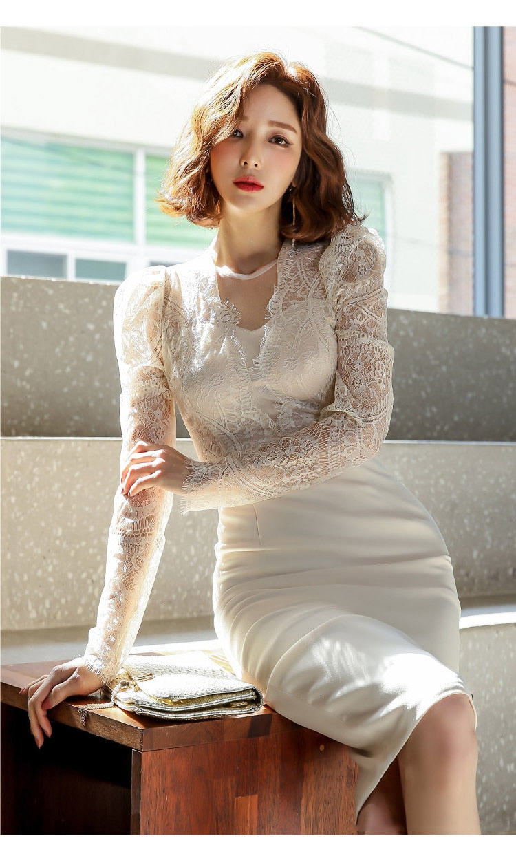 Damen-Midi-Kleid, monochromes Mesh, lange Ärmel, elegantes Design-2