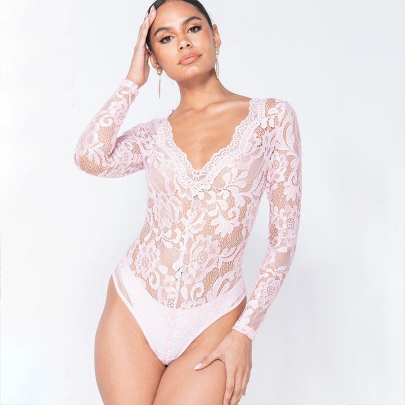 Damen-Bodysuit Langarm Blumenmuster V-Ausschnitt Polyester-4