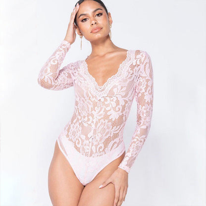 Damen-Bodysuit Langarm Blumenmuster V-Ausschnitt Polyester-4