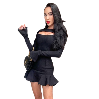 Trapezkleid für Frauen mit Rüschen und langen Ärmeln – 100% Polyester, knielanger Stil für Alltag und Party 2
