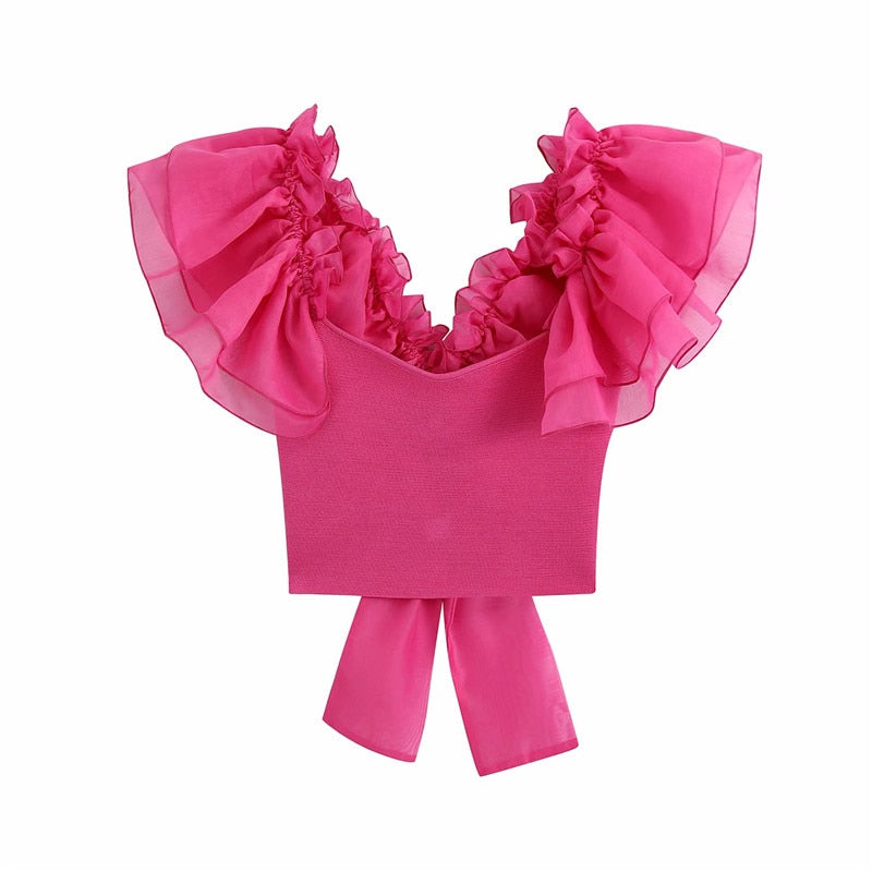 Damen Crop-Top Ärmellos Gerüschte Details Polyester-1