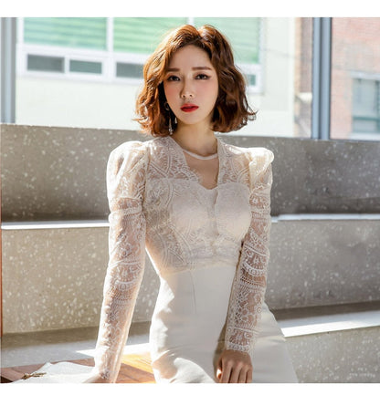Damen-Midi-Kleid, monochromes Mesh, lange Ärmel, elegantes Design-5