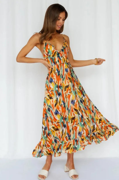 Damen-Midikleid, offener Rücken, bedruckter Stoff 4