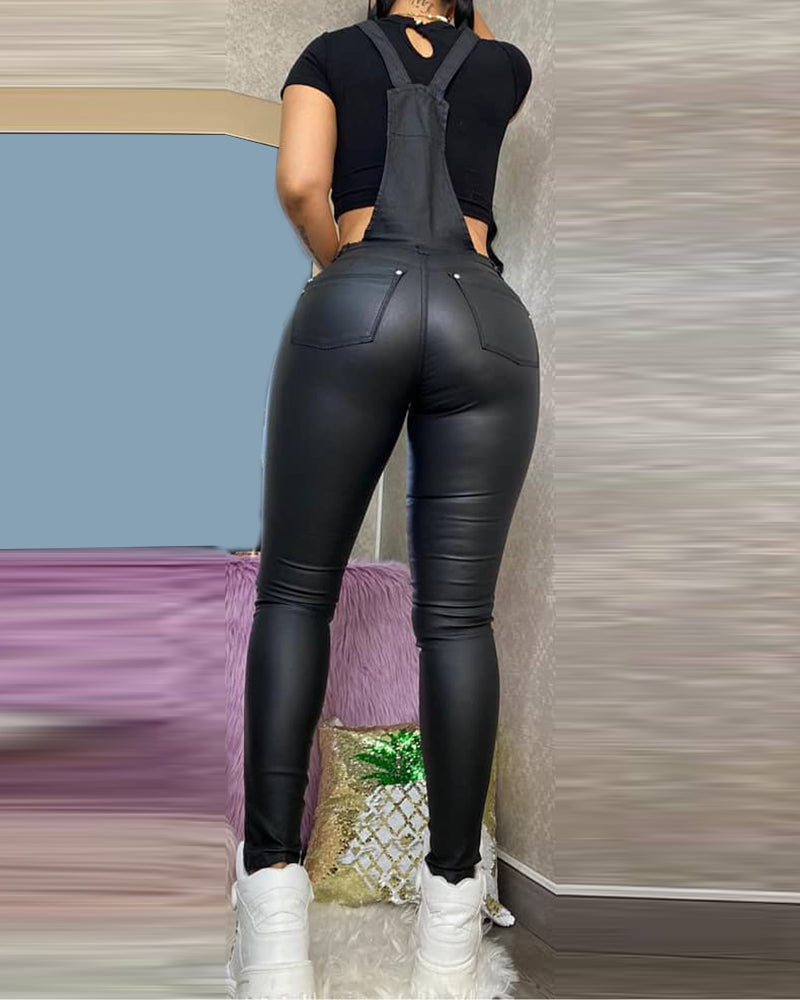Damen-Overall, einfarbig, PU-Leder mit Taschen-2