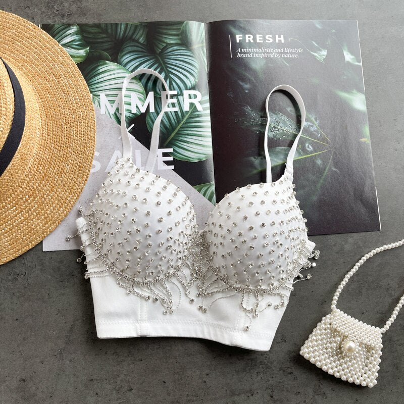 Damen-Party-Top, Spaghettiträger, Polyester, mit Strass und Quasten-1