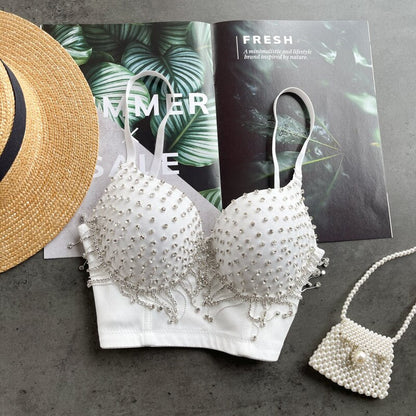 Damen-Party-Top, Spaghettiträger, Polyester, mit Strass und Quasten-1