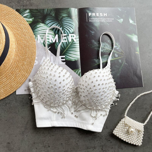 Damen-Party-Top, Spaghettiträger, Polyester, mit Strass und Quasten-1