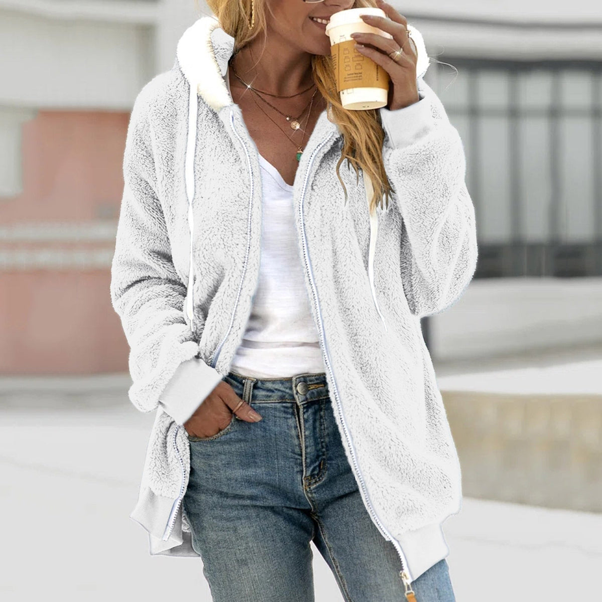 Variant image for Damen-Fleecejacke, Oversized, Sherpa, mit Kapuze-23