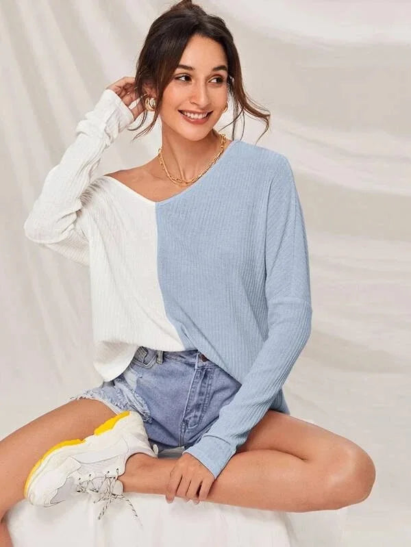 Variant image for Damen-Pullover, V-Ausschnitt, Kontrastfarbe, geripptes Material, hochwertiger Stoff-17