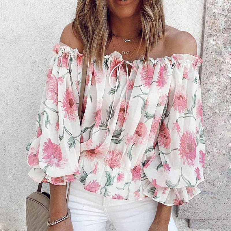 Damen-schulterfreie-Blumenbluse, mit Rüschen, leichter Stoff 9