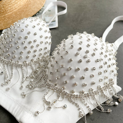 Damen-Party-Top, Spaghettiträger, Polyester, mit Strass und Quasten-5